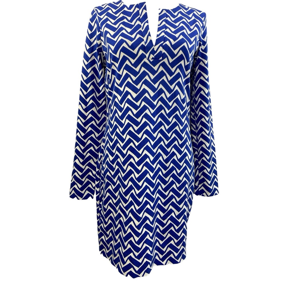 Diane Von Furstenberg Dress Womens 4 Blue Chevron Shift Mini V Neck Long Sleeve